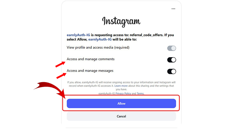 Instagram Comment to DM Automation with Magic Link: How to Set Up Auto Replies on IG Followers' Comments? 7 Magic Link Setup Page 4: Allow Instagram Permissions for DM Automation
