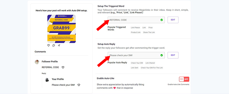 Instagram Comment to DM Automation with Magic Link: How to Set Up Auto Replies on IG Followers' Comments? 12 Magic Link Setup Page 9: Smart Trigger Keywords Added