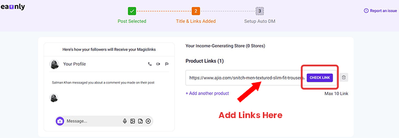 Instagram Comment to DM Automation with Magic Link: How to Set Up Auto Replies on IG Followers' Comments? 9 Magic Link Setup Page 6: Add Links