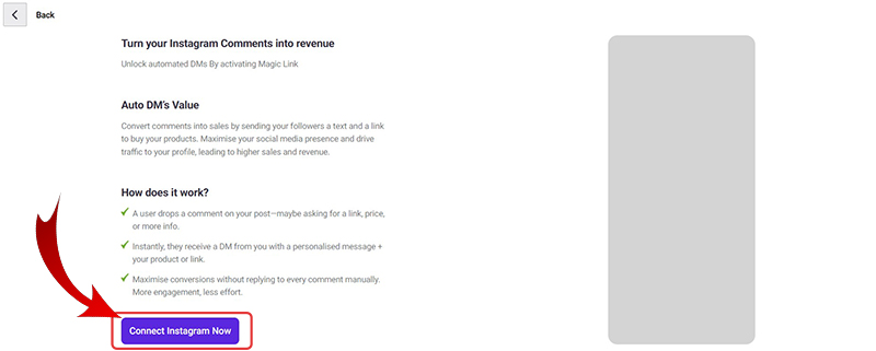 Instagram Comment to DM Automation with Magic Link: How to Set Up Auto Replies on IG Followers' Comments? 6 Magic Link Setup Page 3: Connect Instagram Account